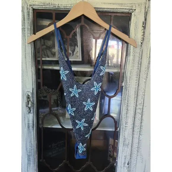 NWT Oceanus Embroidered Starfish One-Piece Blue Swimsuit - Small - Picture 4 of 4